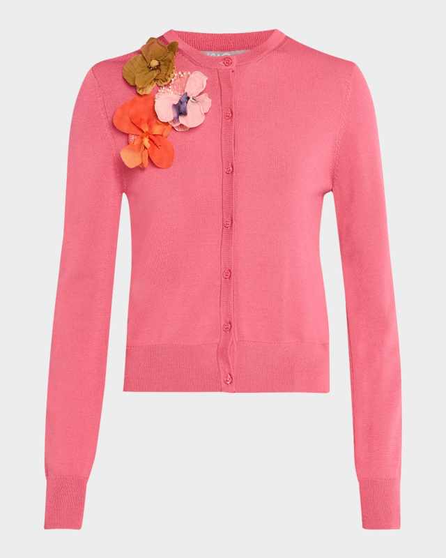 Floral Applique Knit Crewneck Cardigan
